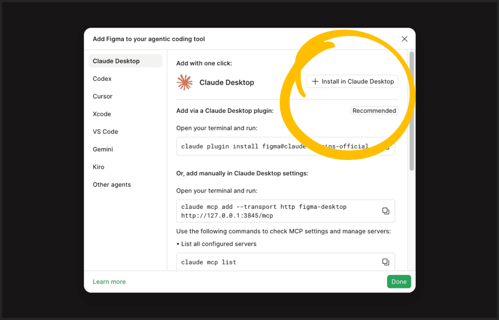 Add Figma to Claude Desktop with Install in Claude Desktop highlighted