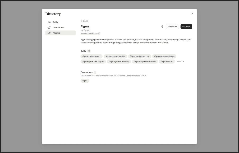 Claude Desktop showing the Figma plugin installed and connected