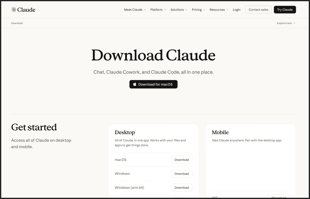 Claude download page for macOS, Windows, and mobile