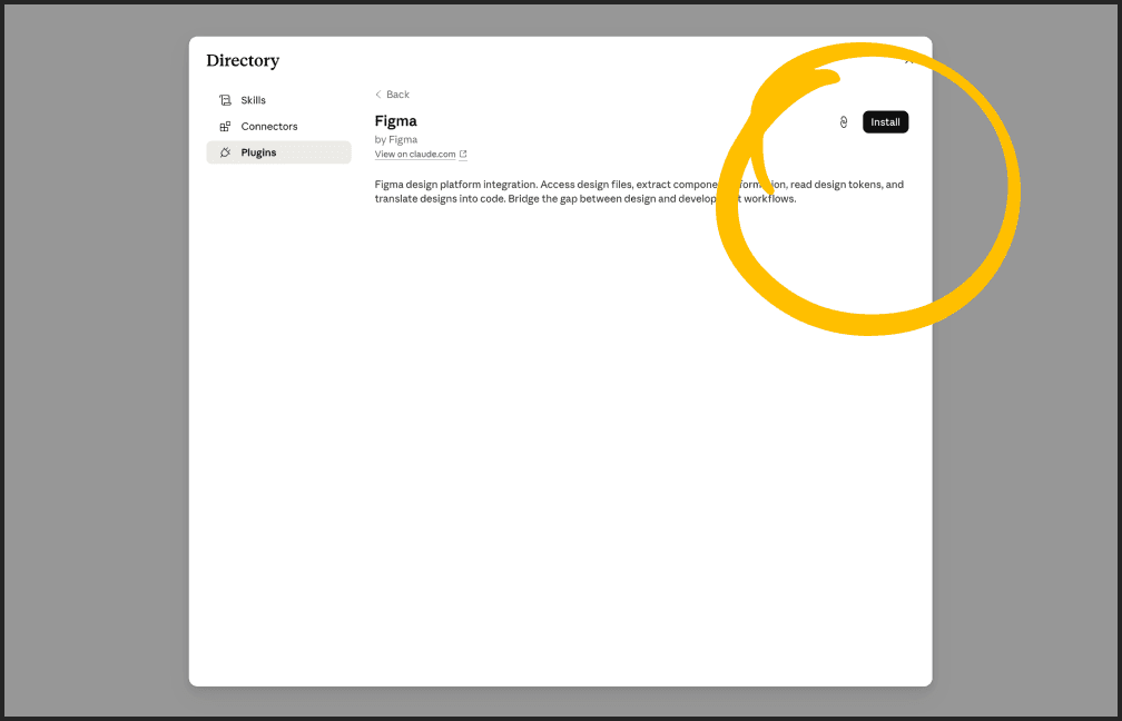 Claude Desktop Directory with the Figma plugin Install button highlighted