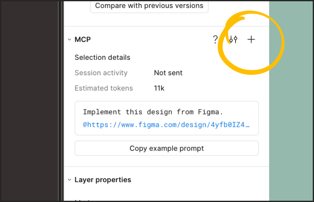 Figma MCP panel with the add control highlighted
