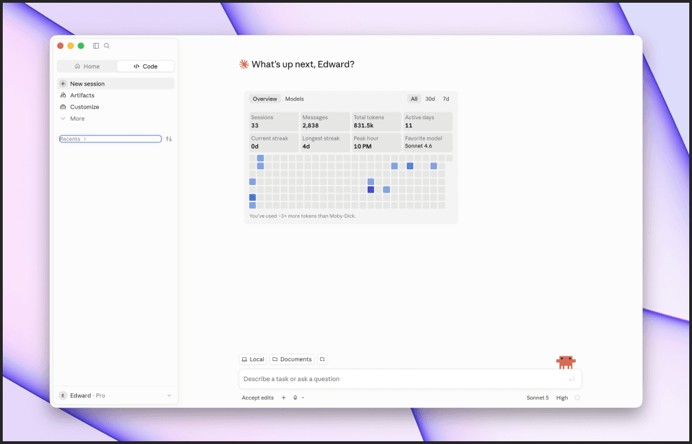 Claude Desktop with Claude Code available in the top right