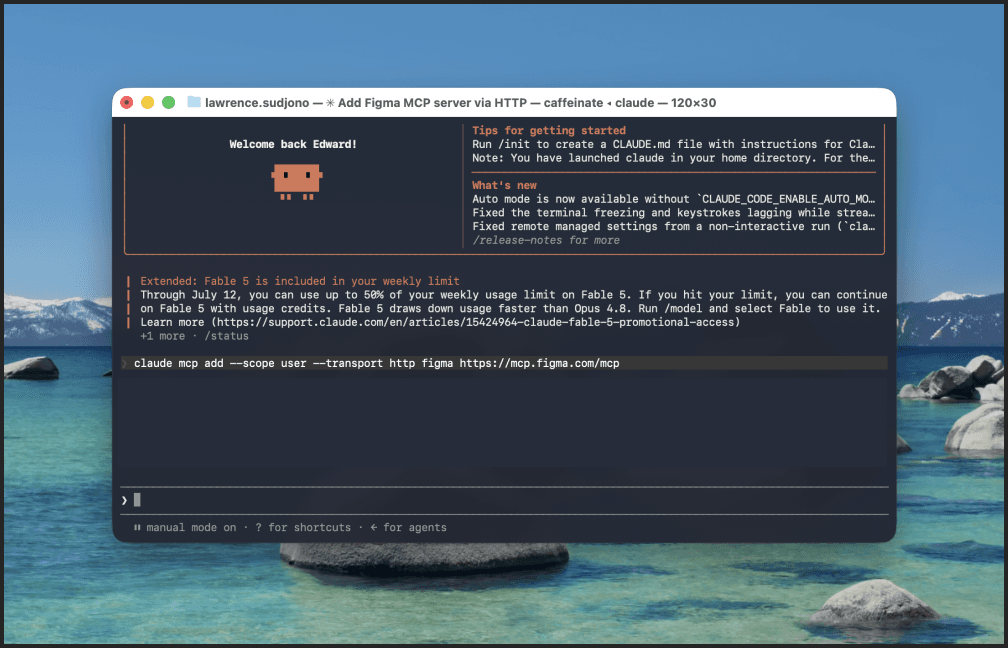 Claude Code terminal adding the local Figma desktop MCP server