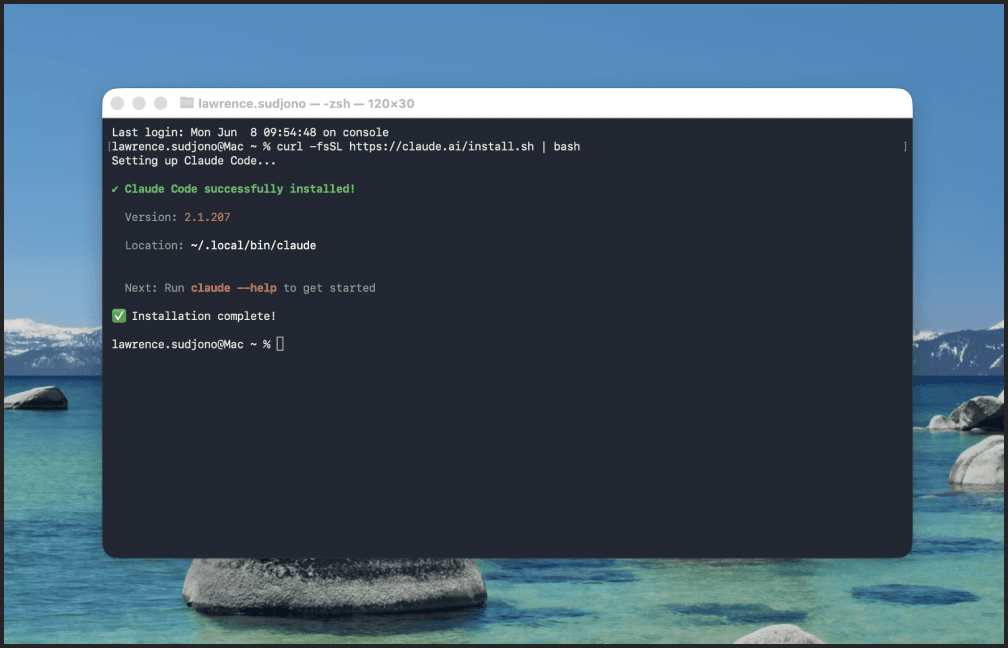 Terminal showing Claude Code installed with the install script