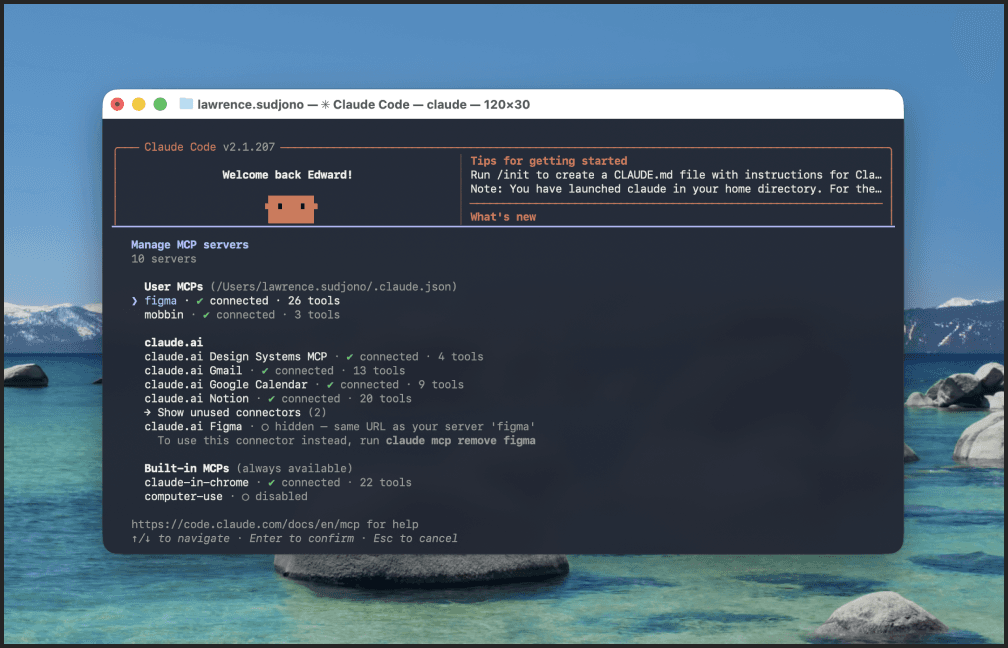 Claude Code terminal showing the figma MCP server connected