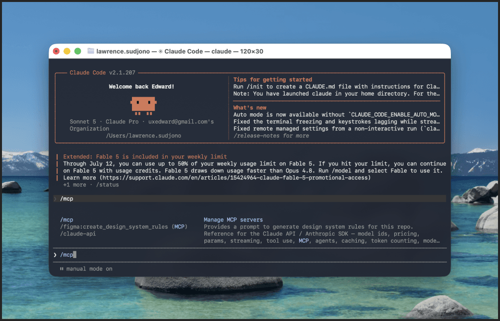 Claude Code terminal running /mcp to list connected servers