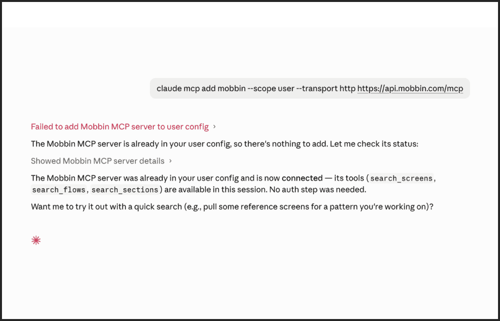 Claude Desktop showing Mobbin MCP already connected