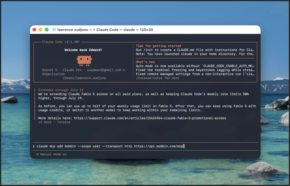 Claude Code terminal with the Mobbin MCP install command