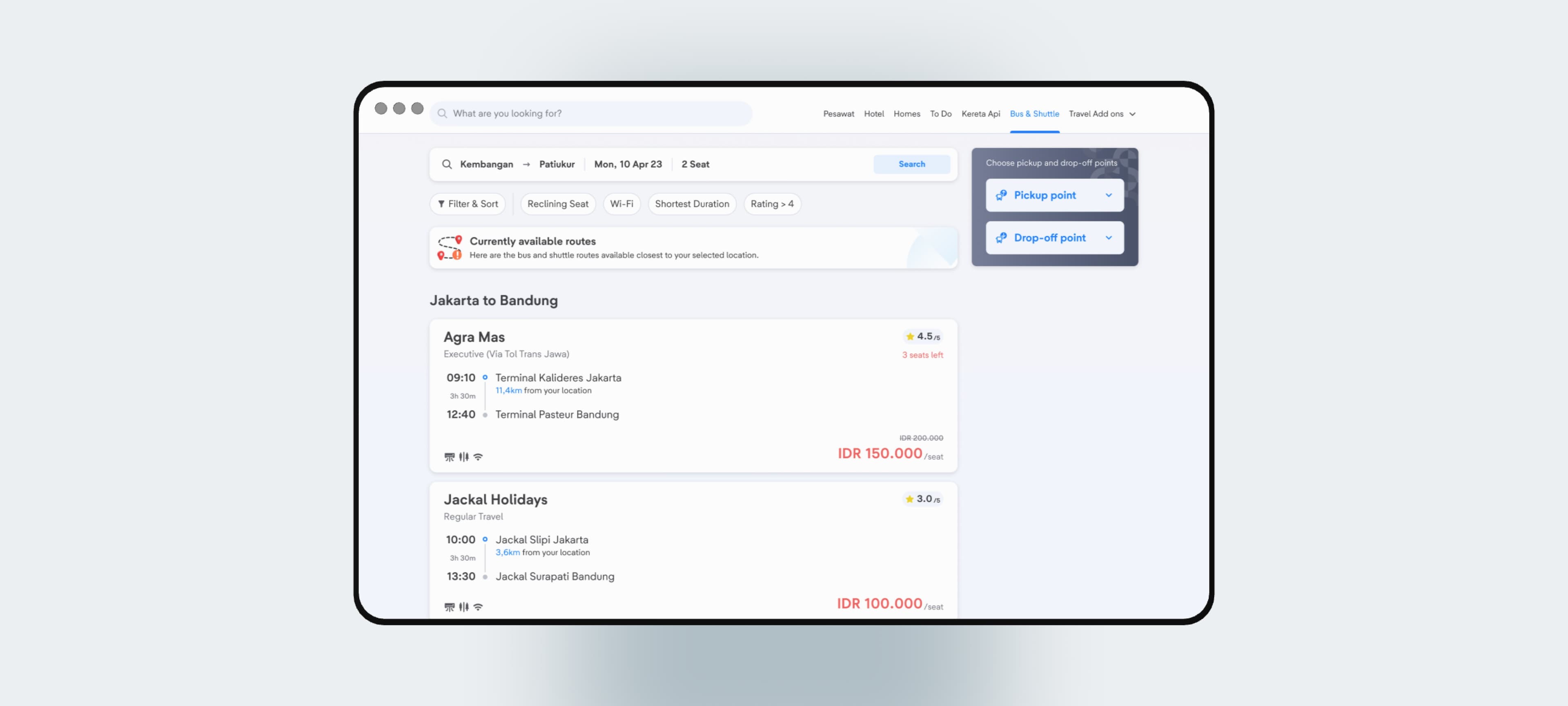 Desktop search results with currently available routes