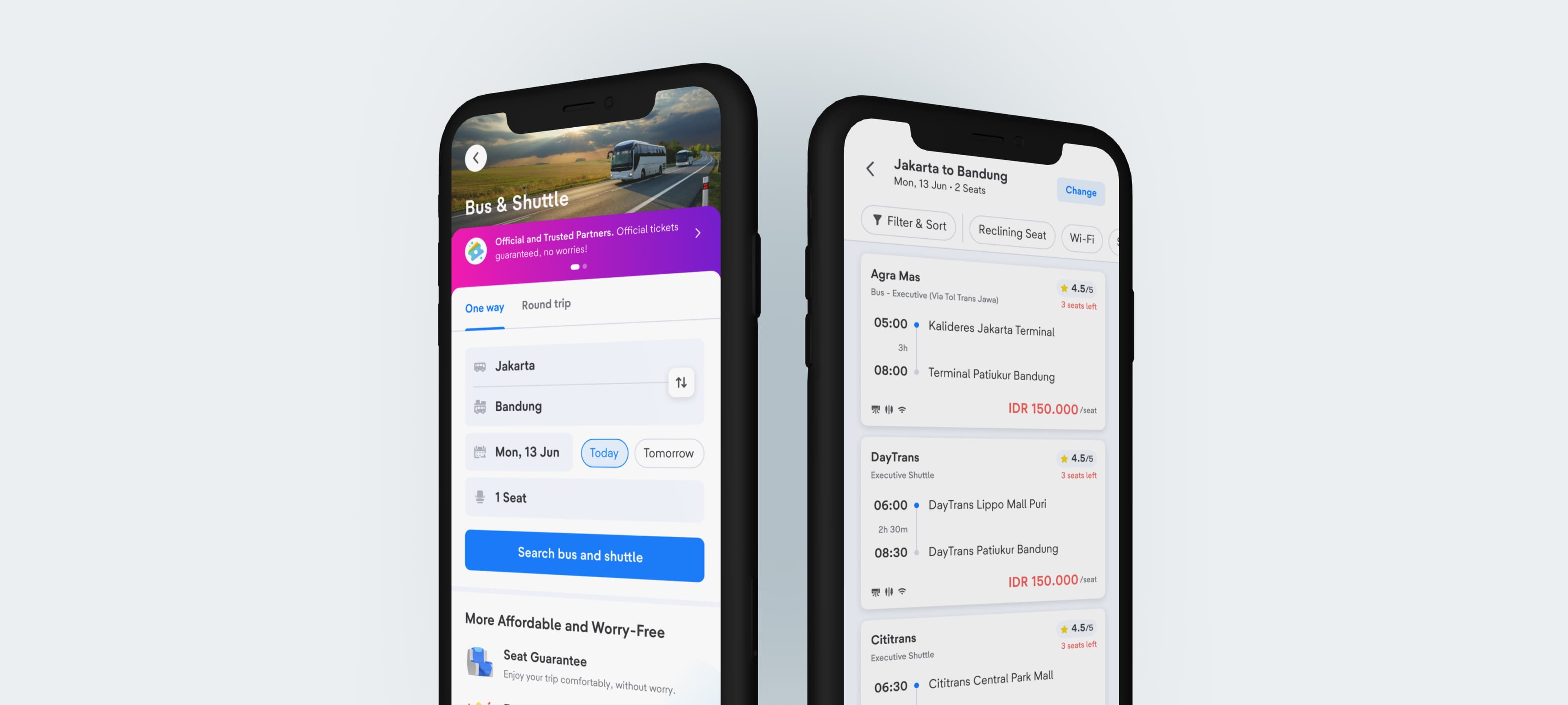 Bus & Shuttle search and results screens