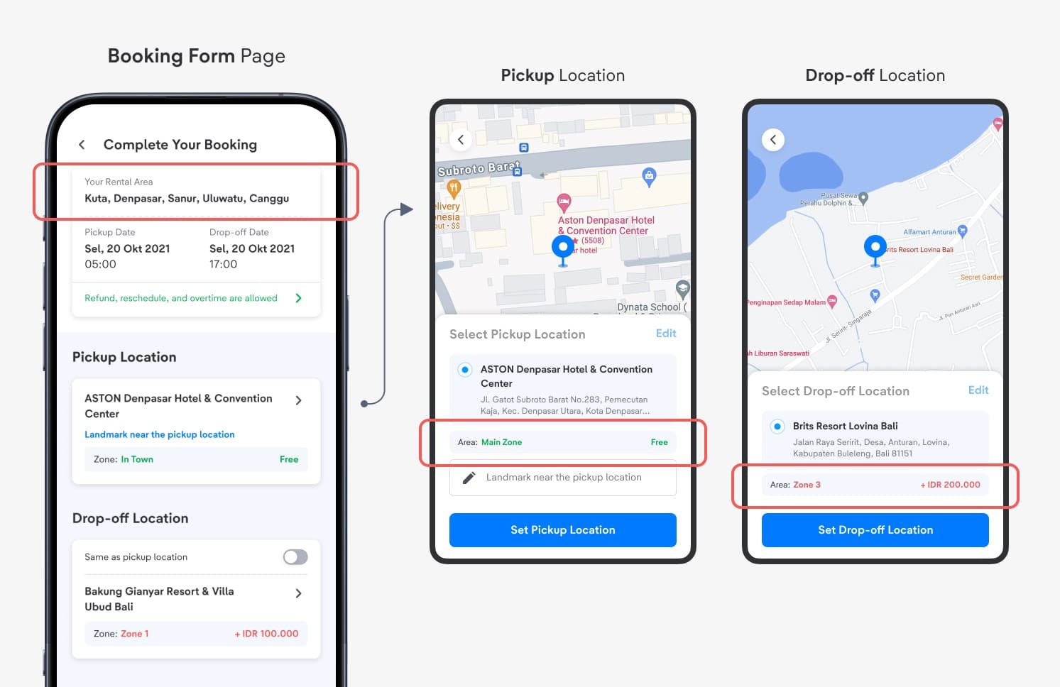 Booking Form Page pickup and drop-off zone fees