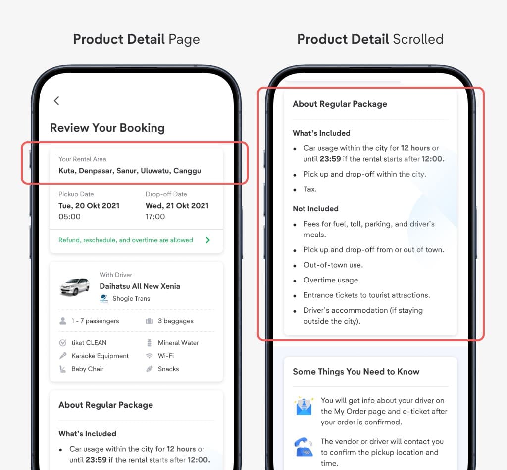 Product Detail Page — Your Rental Area and package details