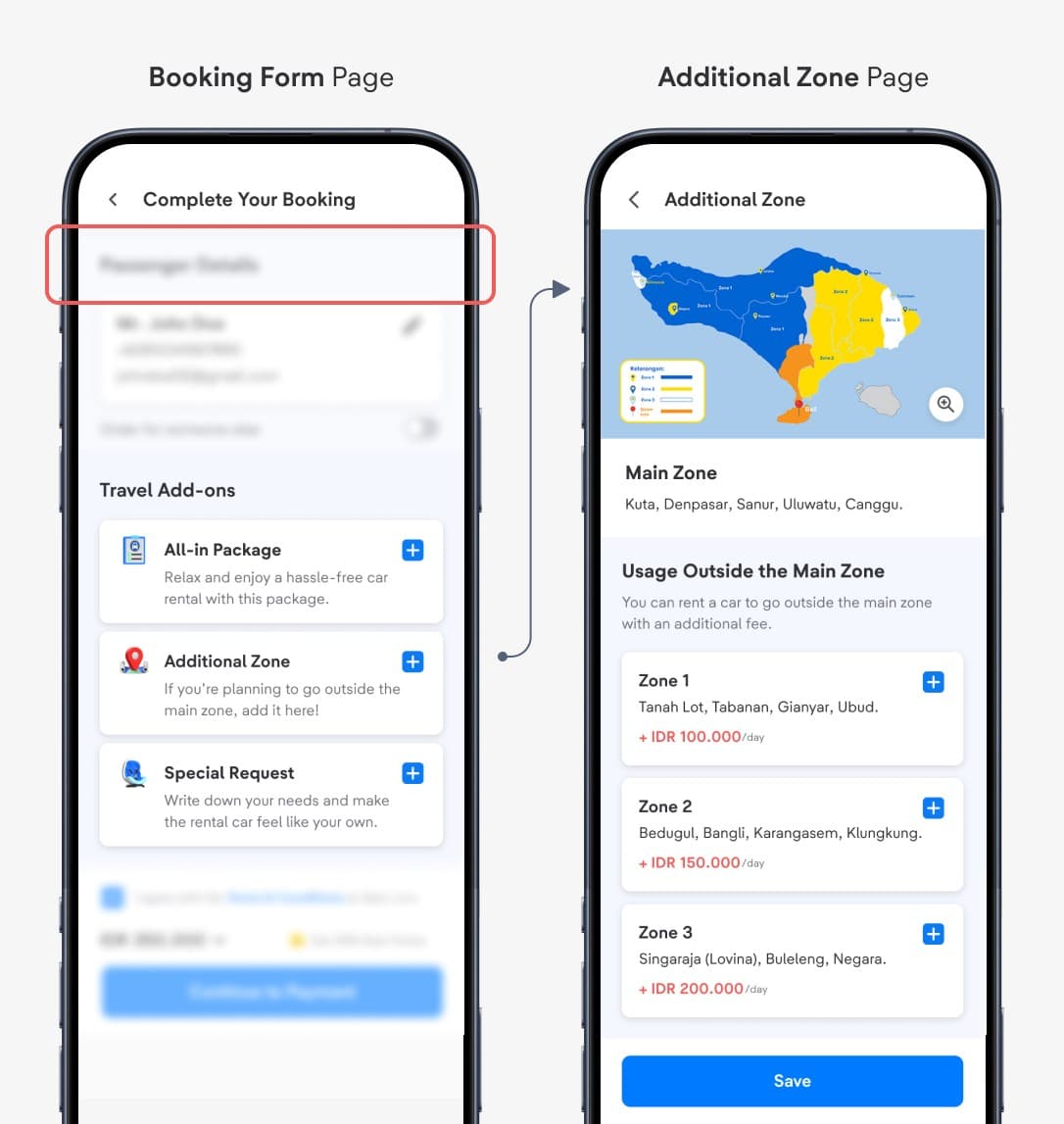 Additional Zone Page from the booking form