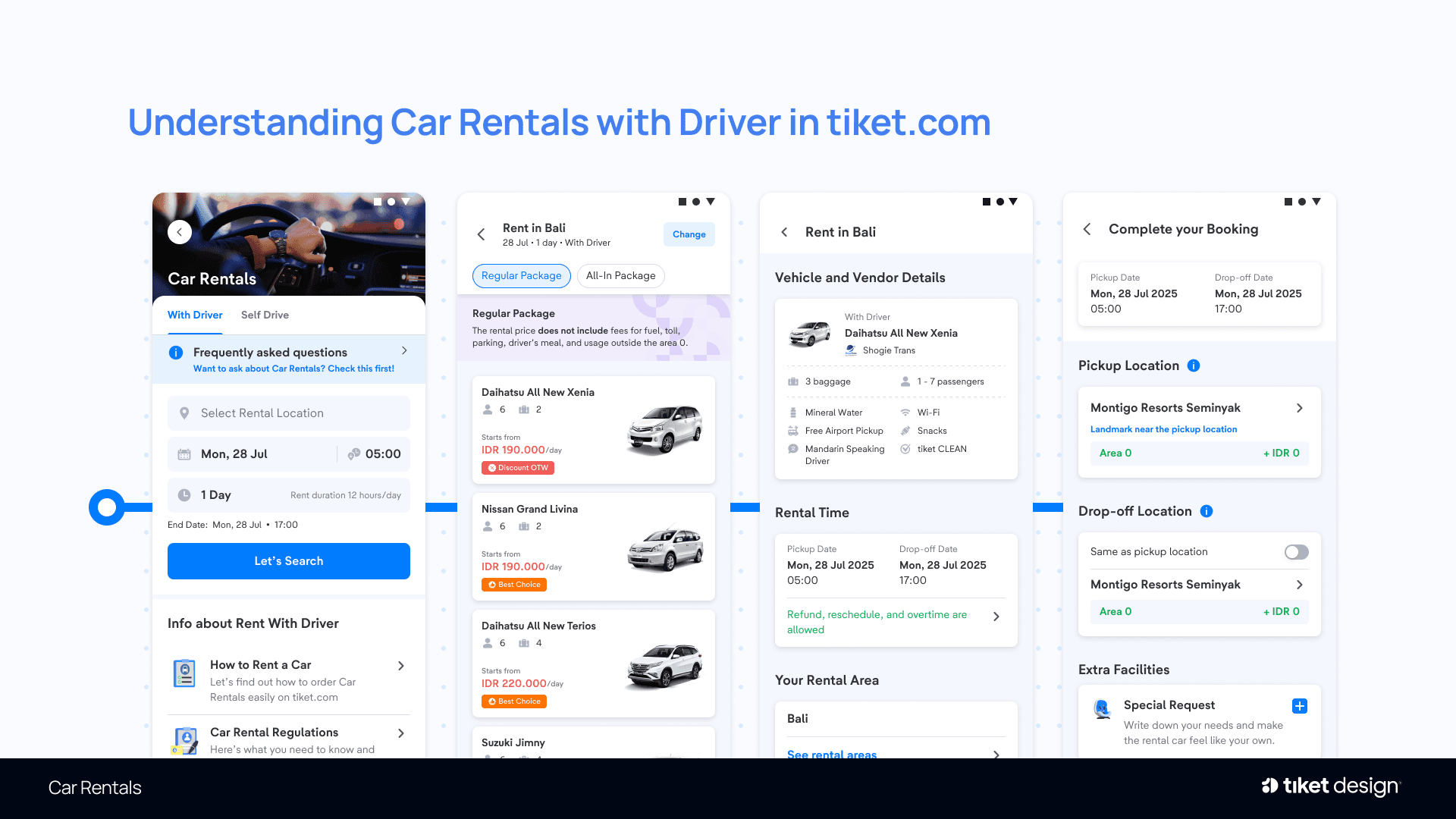 Car Rentals with Driver booking flow from landing page through search, product detail, and booking form