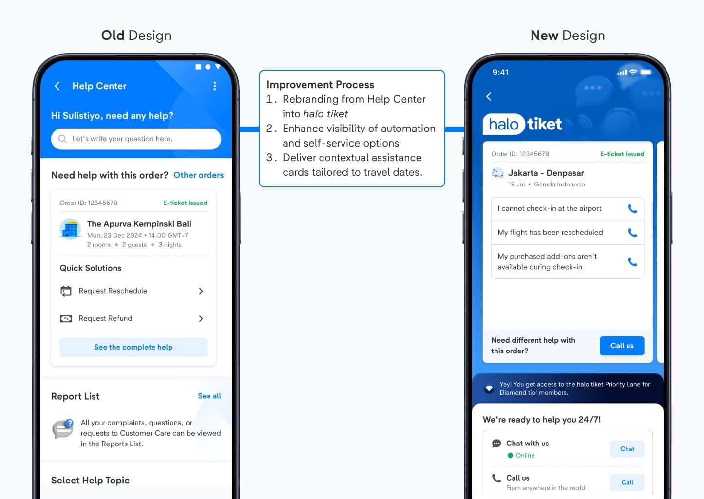 Old Help Center design versus the new halo tiket Customer Support design