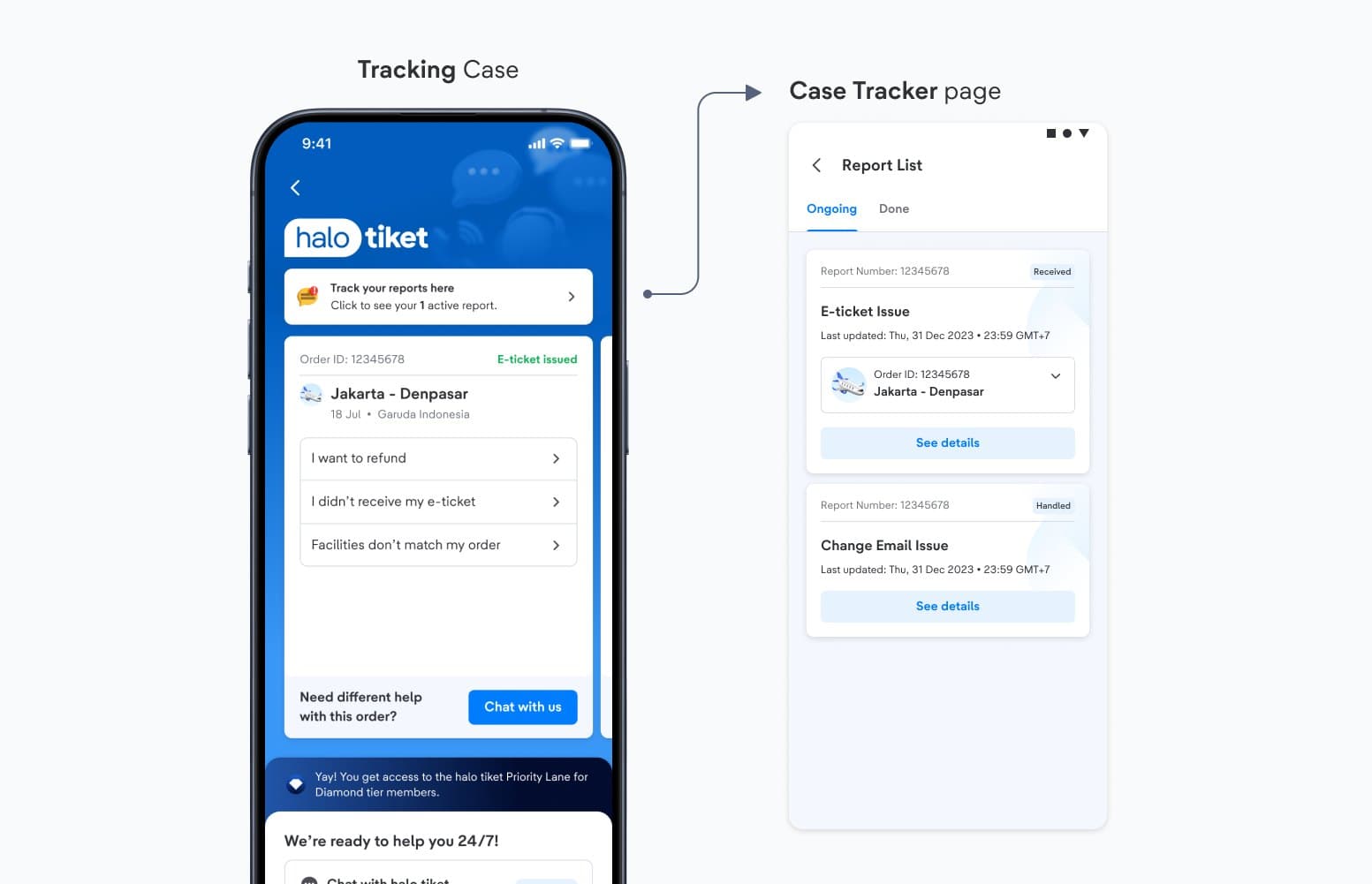 Dynamic open-case entry point at the top of halo tiket when a complaint is already active